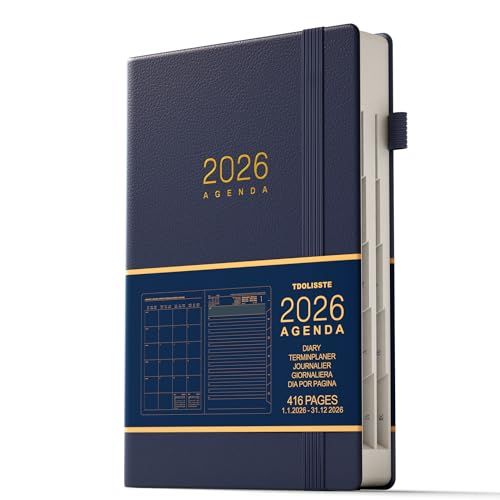 TDOLISSTE - Agenda 2026 Journalier, A5 Planner, Forfait Journalier de 365 Pages et Forfait Mensuel de 24 Pages, Porte-Stylo et Poche Intérieure, Couverture Rigide Bleu