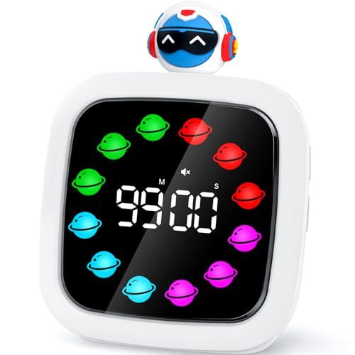 Yunbaoit Minuteur Visuel Enfants, Compte à Rebours Silencieux Rechargeable de 99Min, 9 Présentoir de Couleurs pour planètes, Outil de Gestion du Temps avec Fonction Pause(Robots)