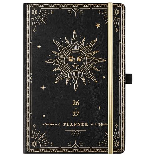 Planning scolaire 2025-2026 – Agenda scolaire 2025-2026, juillet 2025 à juin 2026, 14,6 x 21 cm, hebdomadaire et mensuel, cuir synthétique avec poche arrière et 40 pages de notes, motif soleil