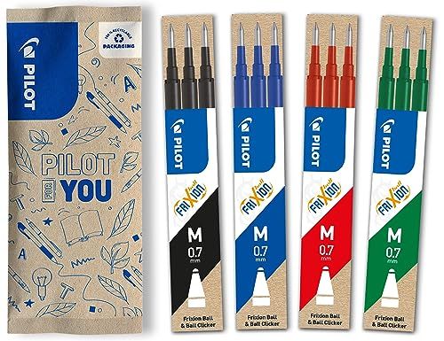 PILOT - 4 Etuis de 3 Recharges pour stylo effaçable. Compatibles FriXion Ball et FriXion Ball Clicker - Noir, Bleu, Rouge, Vert - Pointe Moyenne