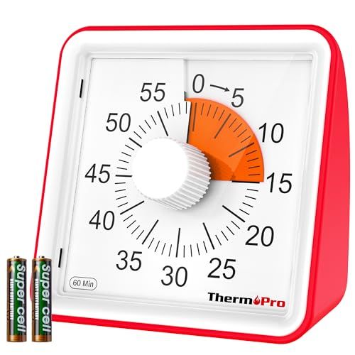 Minuteur visuel ThermoPro TM021, Compte à rebours de 60 Minutes pour Enfant avec Mode muet/Alarme, Grands Chiffres - Outil de Gestion du Temps pour la Concentration, Piles incluses